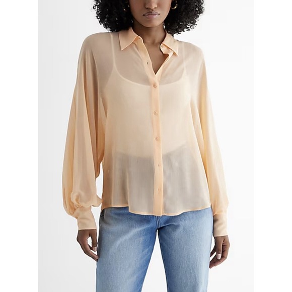 Express Dolman Long Sleeve Sheer Button Down Top Women's Size Medium Peach NWT - Picture 1 of 11